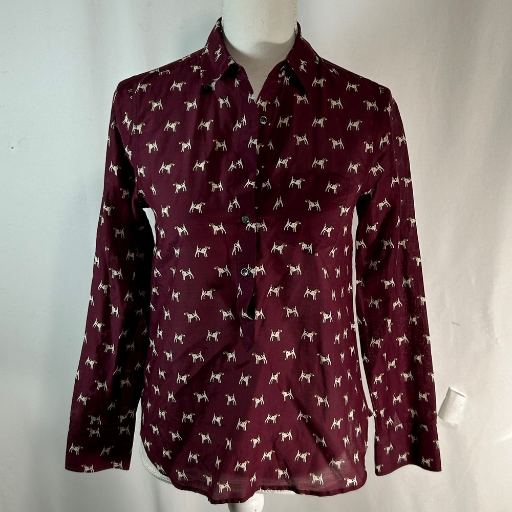 J. Crewβ Burgundy Dog Print Button Up Shirt Top Women OP Long Sleeve